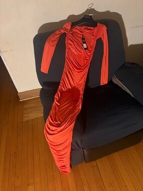 Fashion Nova Orange Ruched Cowl Neck Dress